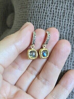 Noa Zuman Half Hoop Earrings with Dainty Cushion Cut Green💚 Labradorite